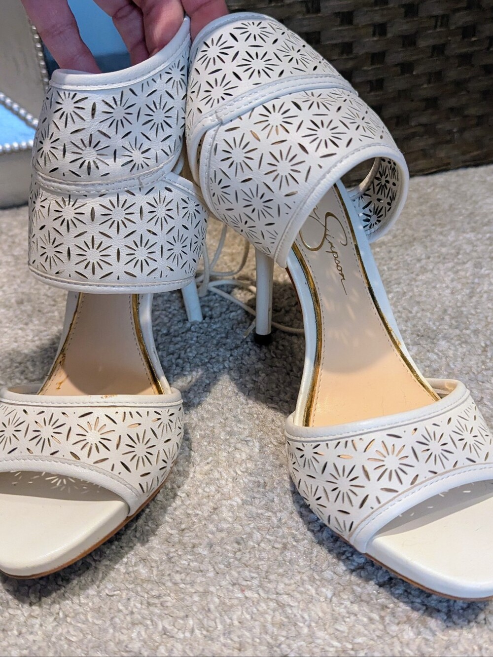 Women's Jessica Simpson White Laser-Cut Lace-Up Heeled Sandals